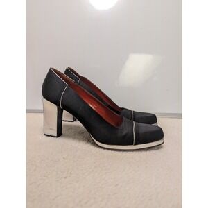 Yves Saint Laurent Vintage Black Satin Taffeta Silver Block Heel Pumps 70s YSL 7